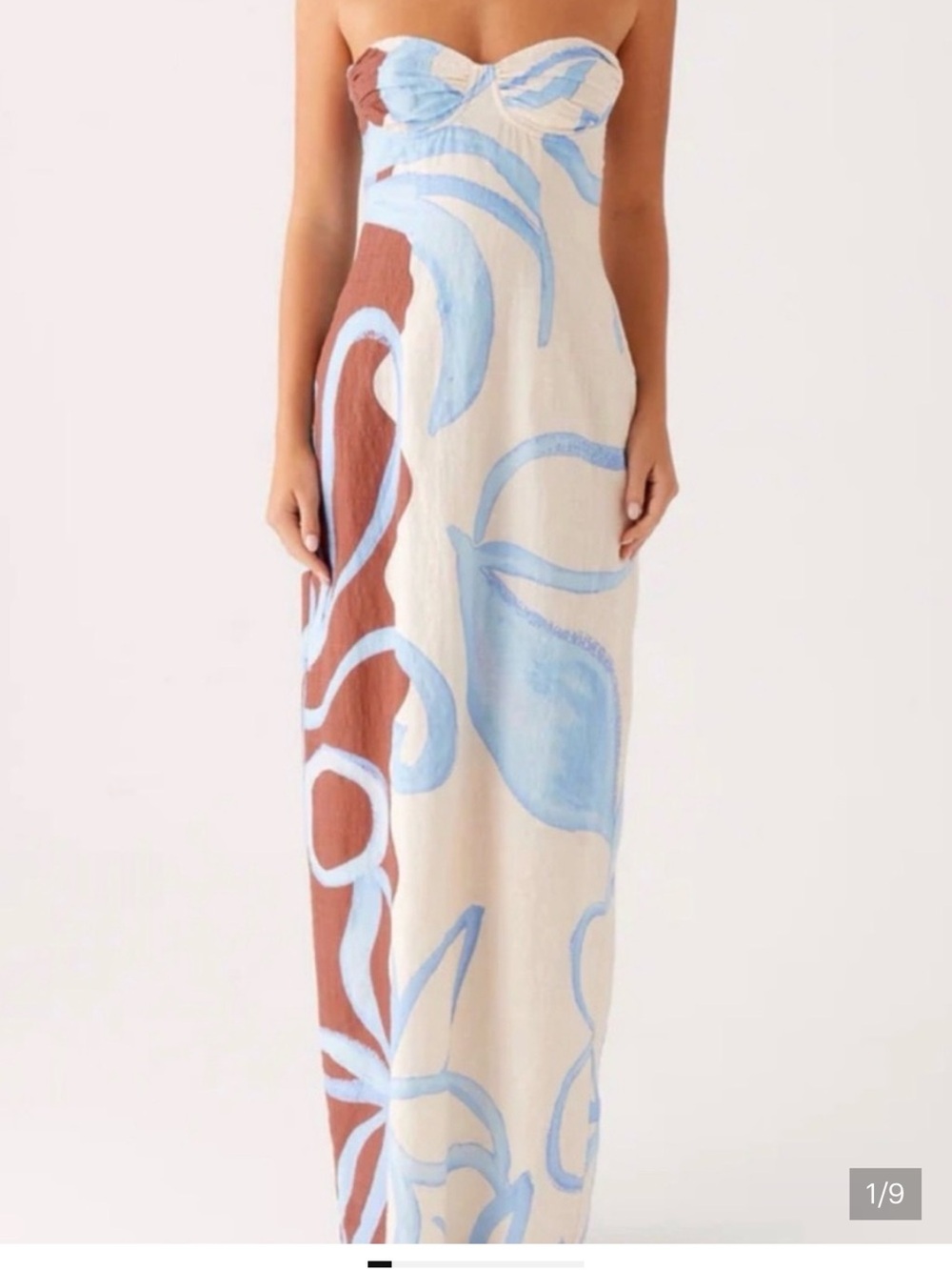 Peppermayo Cream Maxi Skirt with Light Blue & Brown Abstract Print
